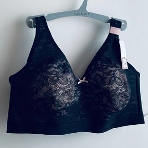 NWT 42DDD Cacique Lane Bryant Black Lace & Pink Full Coverage No Wire Bra